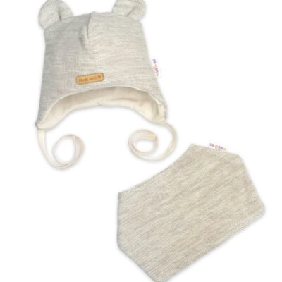 Pletená čiapka s bavlnenou podšívkou a šatkou 2v1, Teddy Hand made - svetlo béžová