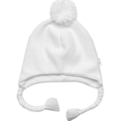 Pletená čiapka s bavlnenou podšívkou, brmbolcom a vrkôčiky, biela, veľ. 68/74