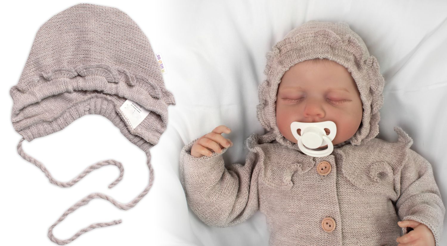 Pletená čiapočka na zaväzovanie bonetka Girl, Hand Made Baby Nellys, bežová