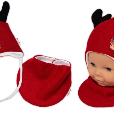 Pletená dvojvrstvová čiapka so šatkou Sobík, červená/biela, veľ. 68/74