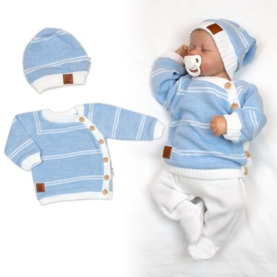 Pletená sada pre bábätko s jemným prúžkom 2D, lux - modrá, biela, veľ. 80