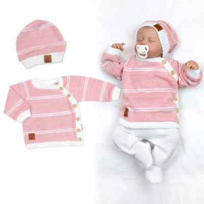 Pletená sada pre bábätko s jemným prúžkom 2D, lux - růžová, biela, veľ. 80