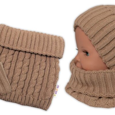 Pletená zimná čiapka s brmbolcom + komínček BABY NELLYS - bežová,veľ. 48-52cm