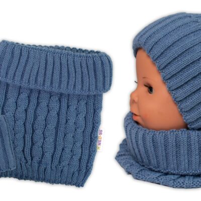 Pletená zimná čiapka s brmbolcom + komínček BABY NELLYS - modrá, jeans,veľ. 48-52cm