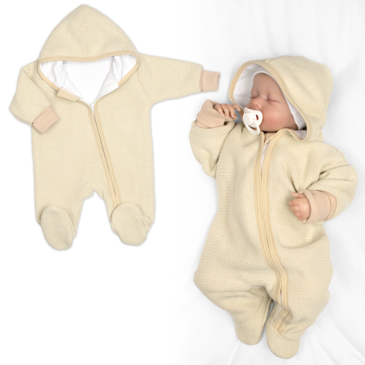 Pletený overal s kapucňou, CUTE - béžová, veľ. 68