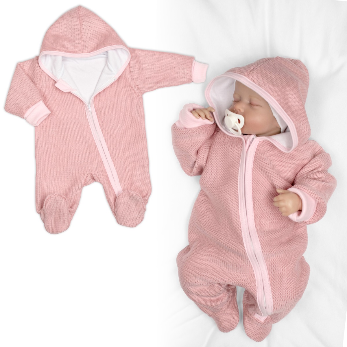 Pletený overal s kapucňou, CUTE - púdrovo růžová, veľ. 74