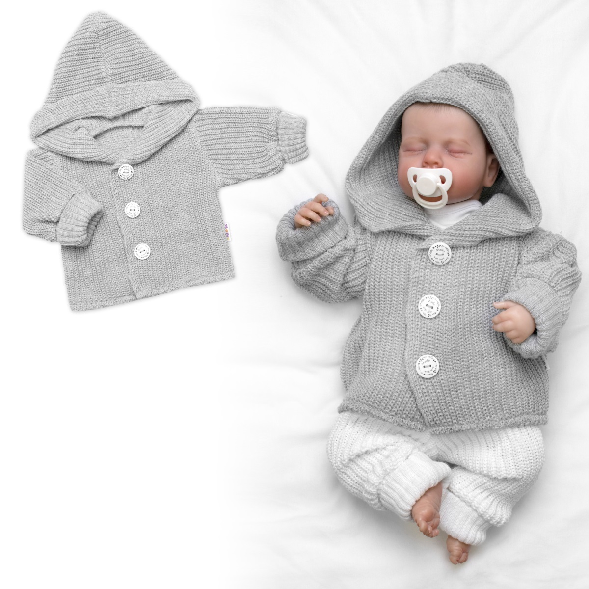 Pletený svetrík s kapucňou a gombíkmi Made with Love, šedý, veľ. 68/74