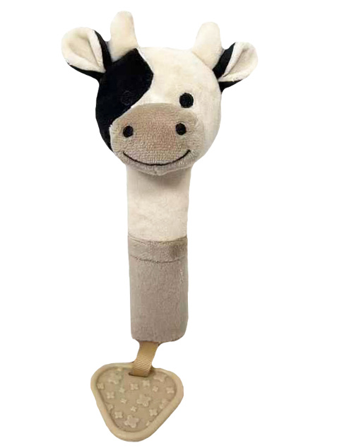 Plyšová hračka s pískatkom a hryzátkom Kravička, 17 cm - béžová