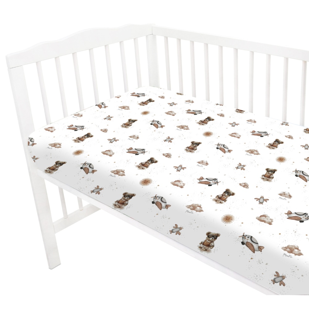 Prestieradlo do postieľky 120x60cm, bavlna, Méďa pilot - biela, béžová