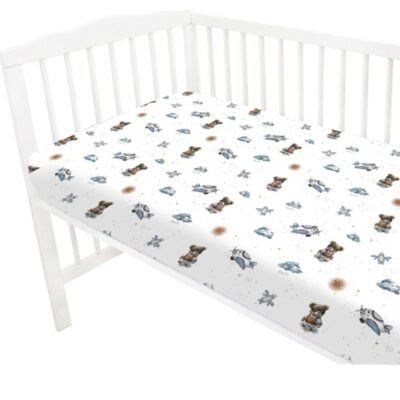 Prestieradlo do postieľky 120x60cm, bavlna, Méďa pilot - biela, modrá