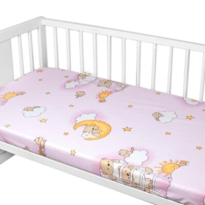 Prestieradlo do postieľky 140x70cm,bavlna Premium, Medvedík na rebríku, ružové