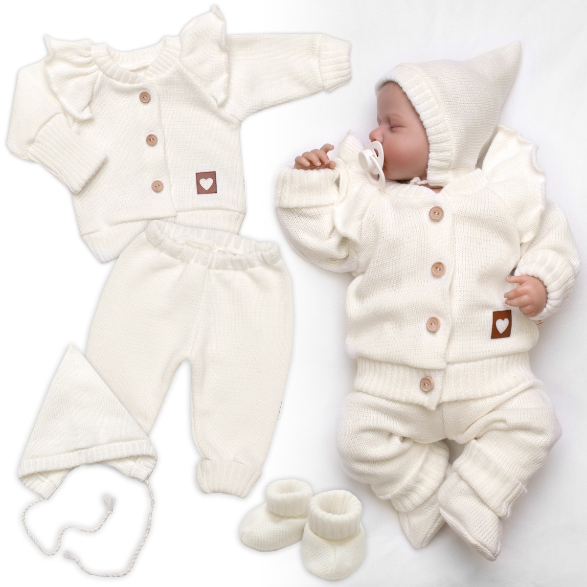 Rastúca pletená sada 4D Girl s volánikom Love, smotanová, veľ. 68/74