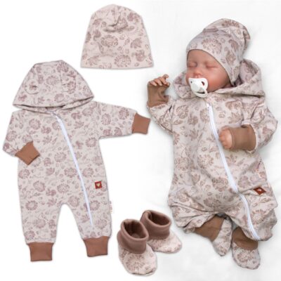 Rastúci bavlnený overálok, čiapočka a topánočky, 3D, Garden - béžová/hnedá, veľ. 74/80