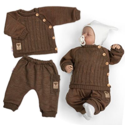 Rastúci pletený svetrík a nohavice s vreckom Hand Made 2D, Nature - čokoládová