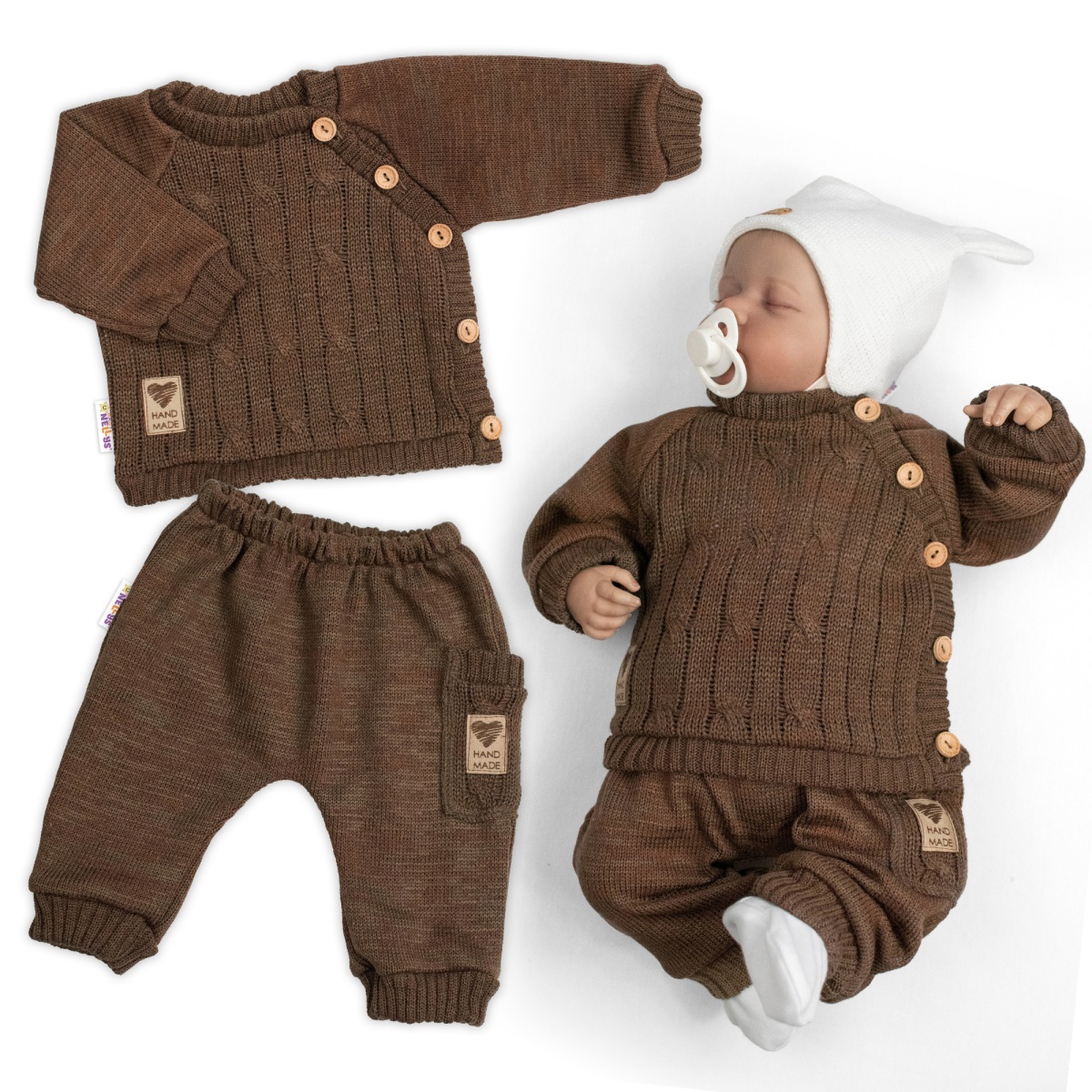 Rastúci pletený svetrík a nohavice s vreckom Hand Made 2D, Nature - čokoládová