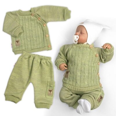 Rastúci pletený svetrík a nohavice s vreckom Hand Made 2D, Nature - olivová, 68/74