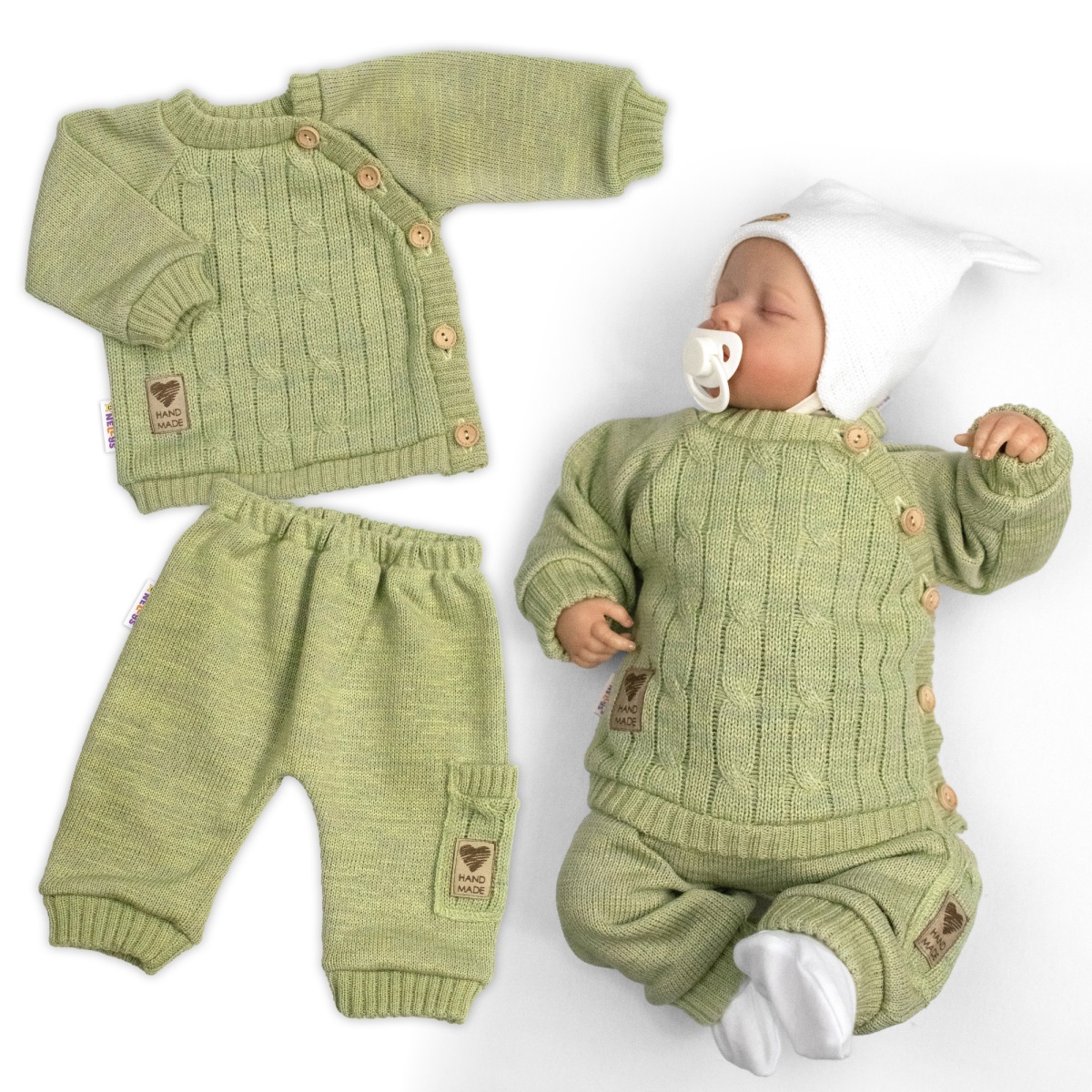 Rastúci pletený svetrík a nohavice s vreckom Hand Made 2D, Nature - olivová, 68/74