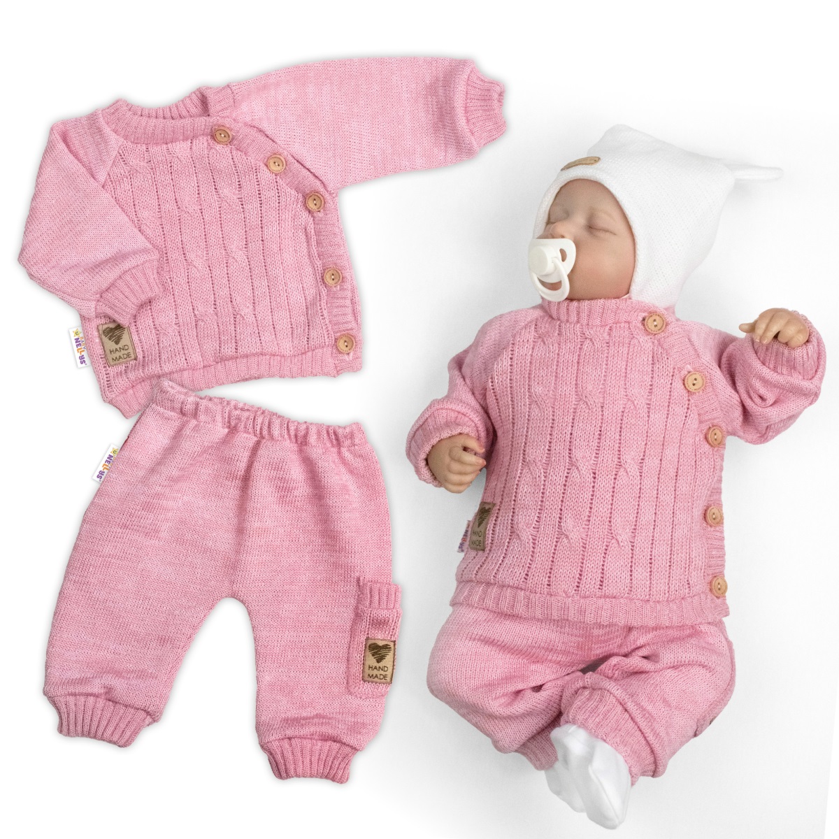 Rastúci pletený svetrík a nohavice s vreckom Hand Made 2D, Nature - ružová