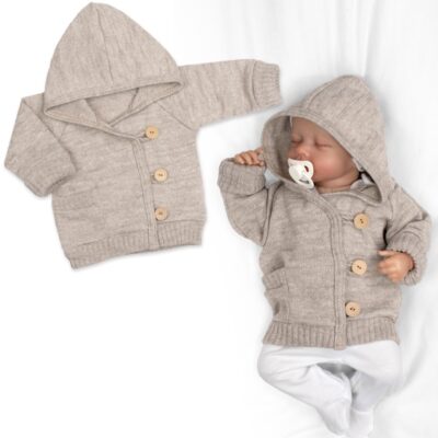 Rastúci pletený svetrík s kapucňou, zapínanie gombíkmi - béžový, veľ. 80/86