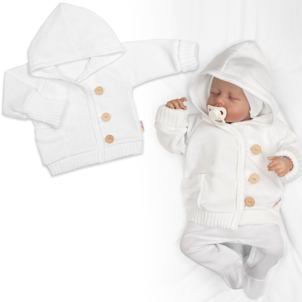 Rastúci pletený svetrík s kapucňou, zapínanie gombíkmi - biely, veľ. 68/74