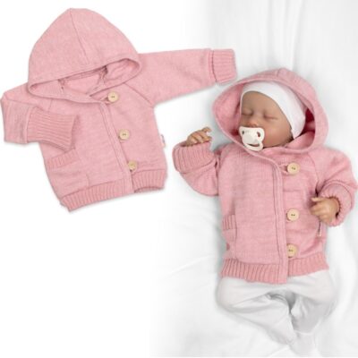 Rastúci pletený svetrík s kapucňou, zapínanie gombíkmi - púdr. růžový, veľ. 80/86