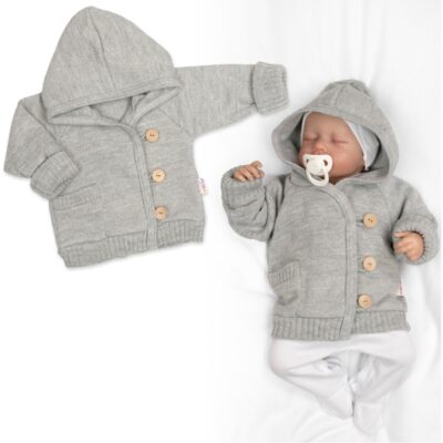 Rastúci pletený svetrík s kapucňou, zapínanie gombíkmi - šedý, veł. 68/74