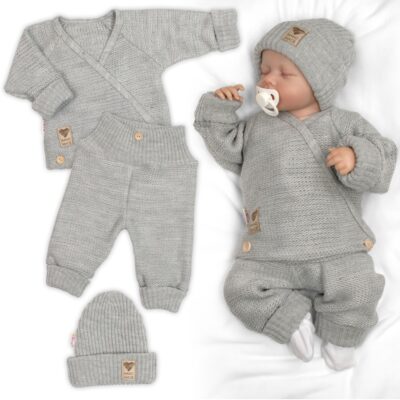Rastúci pletený zavinovací svetrík, nohavice a čiapky, 3D - šedá