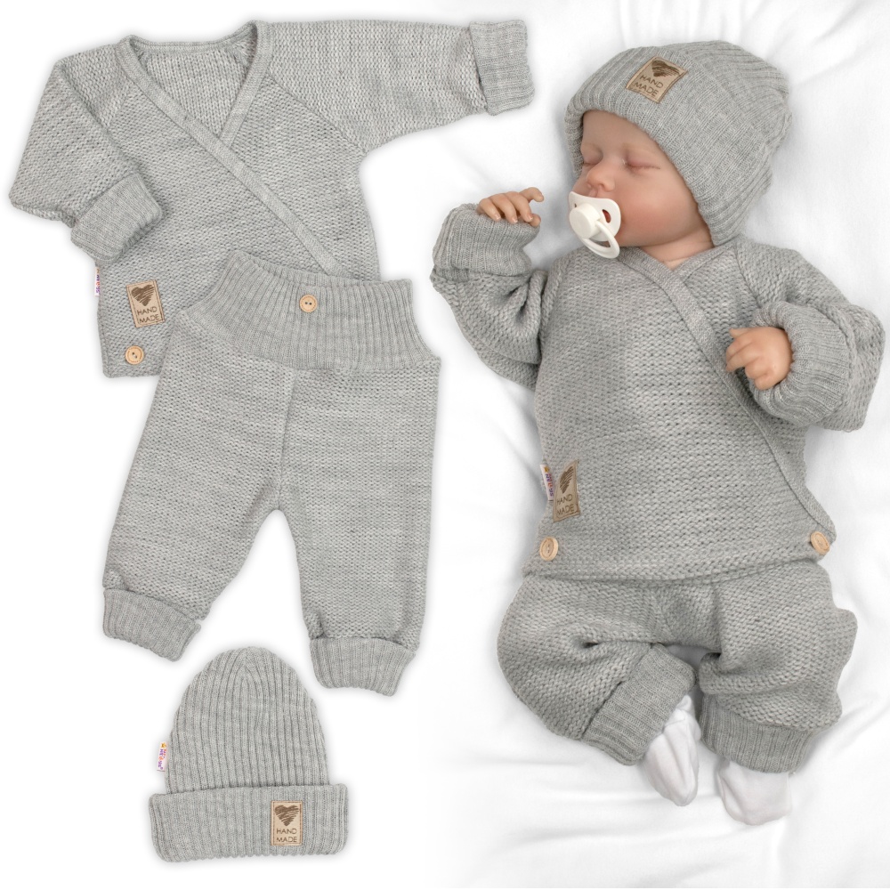Rastúci pletený zavinovací svetrík, nohavice a čiapky, 3D - šedá