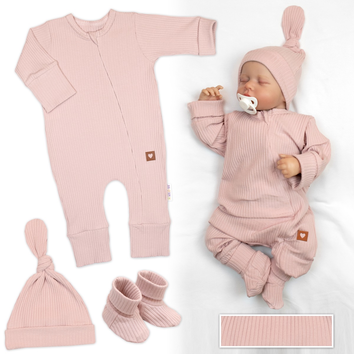 Rastúci rebrovaný overálek, čiapočka a topánočky, 3D, Nature - púdrovo ružová, veľ. 74/80