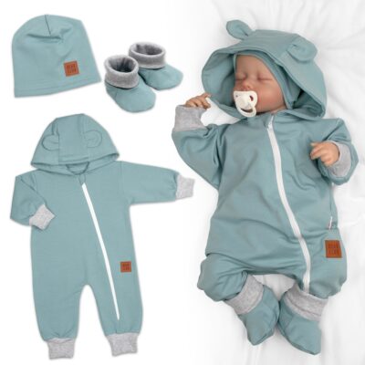 Rastúci teplákový overal pre bábätko, čiapka, botky, 3D, Nature, ledová mata, šedá, 80/86