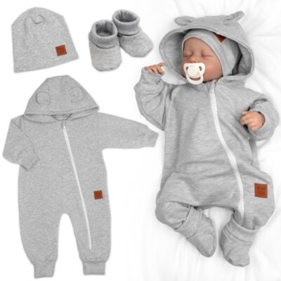 Rastúci teplákový overal pre bábätko, čiapky, topánky, 3D, Nature - šedý melír, 68/74