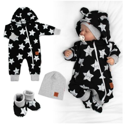 Rastúci teplákový overal pre bábätko, čiapky, topánky, 3D, Nature Star - čierny, 68/74