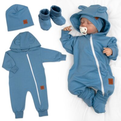 Rastúci teplákový overal pre bábätko, čiapky, topánky, 3D, Nature -  tm. modrý, 68/74