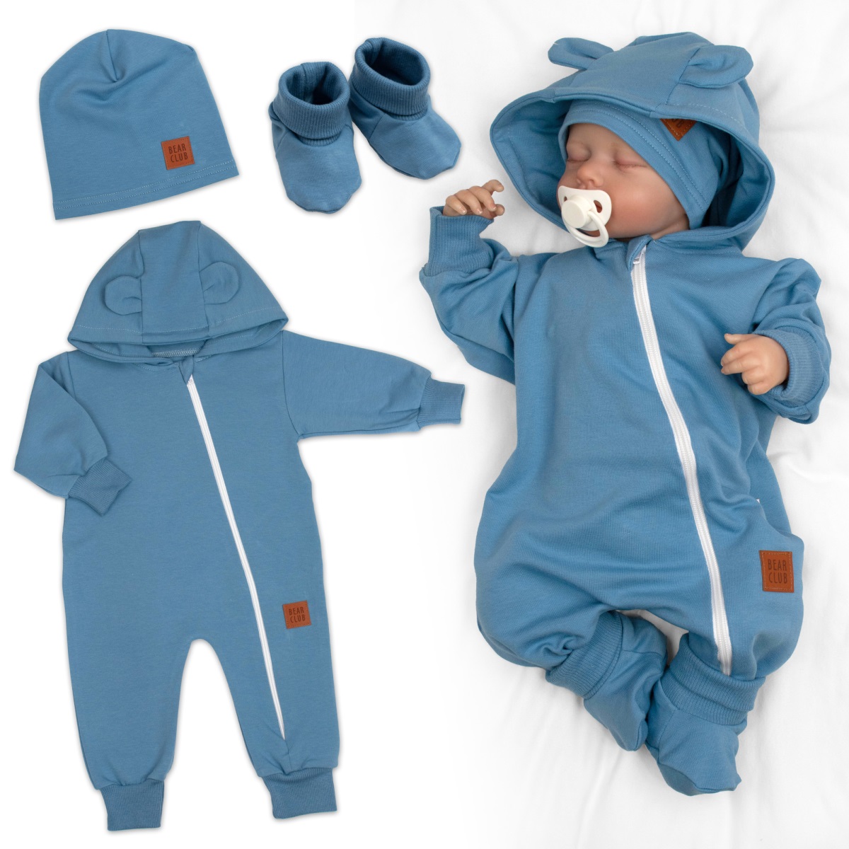 Rastúci teplákový overal pre bábätko, čiapky, topánky, 3D, Nature -  tm. modrý