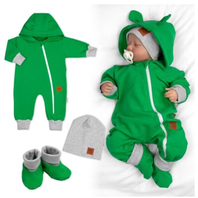 Rastúci teplákový overal pre bábätko, čiapky, topánky, 3D, Nature - zelený