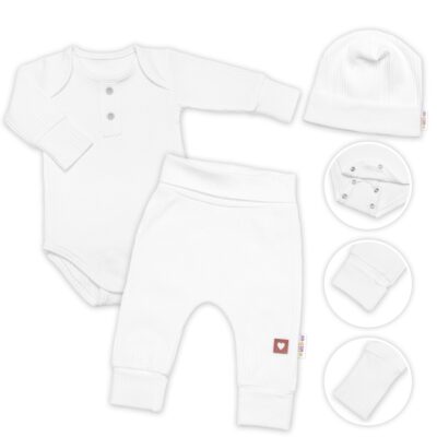Rebrovaná rastúca súprava 4D, zavin. body, nohavice, kabátik a čiapočka, biela