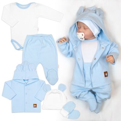 Rebrovaná sada,Star 5D, body, polodupačky, kabátik, čiapka, rukavice - modrá, biela