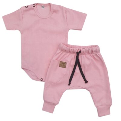 Rebrovaná súprava body kr. rukáv + tepláčiky Magic, bavlna, ružová, veľ. 80