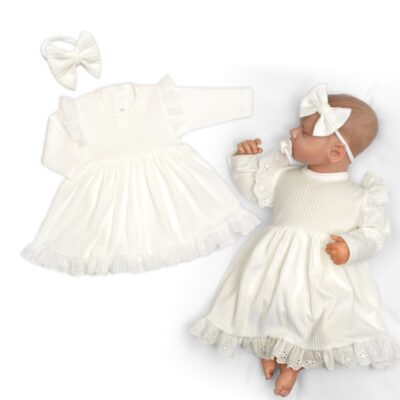 Rebrované sukničkobody + čelenka Paula, dl. rukáv, bavlna, 2D sada, smotanové, 68/74