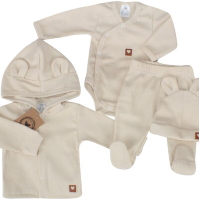 Sada do pôrodnice 4D, rebrovaná, body, polodupačky, kabátik a čiapočka, ecru, veľ. 62