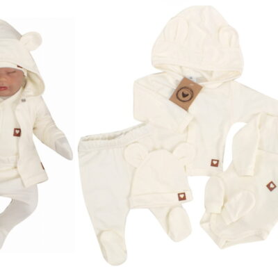 Sada do pôrodnice 5D, body, polodupačky, kabátik, čiapočka, rukavičky - ecru, veľ. 62