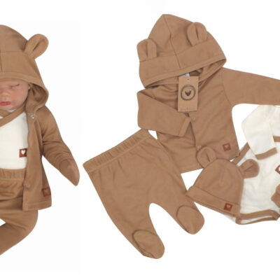 Sada do pôrodnice 5D, body, polodupačky, kabátik, čiapočka, rukavičky - hnedá, veľ. 56