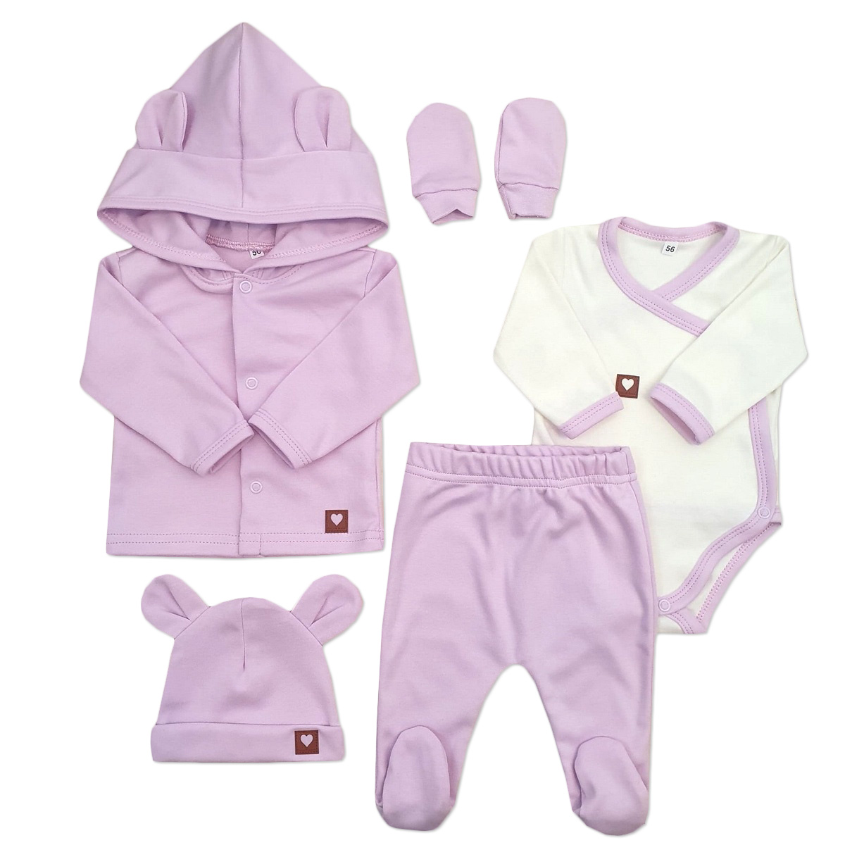 Sada do pôrodnice 5D, body, polodupačky, kabátik, čiapočka, rukavičky, lila, veľ. 62