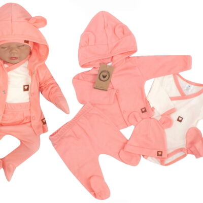 Sada do pôrodnice 5D, body, polodupačky, kabátik, čiapočka, rukavičky - marhuľa, veľ.62