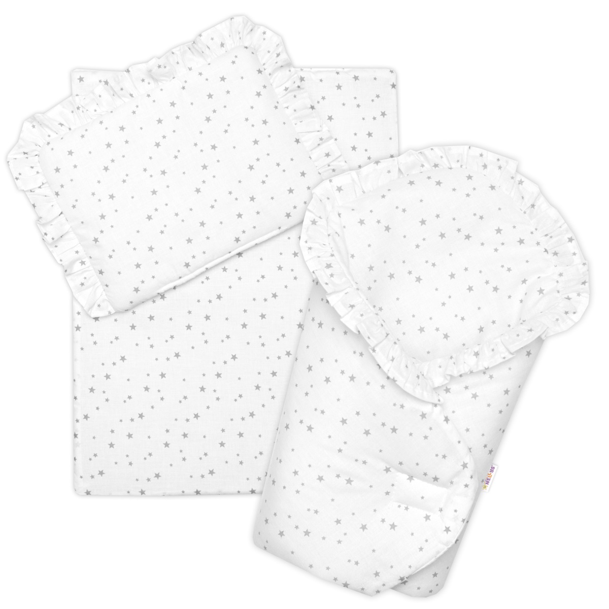 Sada pre bábiku 3D - zavinovačka, perinka a vankúšik, Hviezdičky,biela/sivá