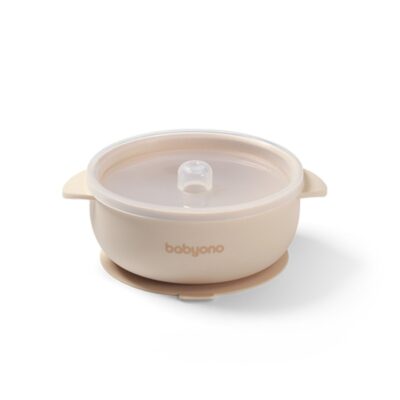 Silikónová miska s prísavkou a viečkom - béžová