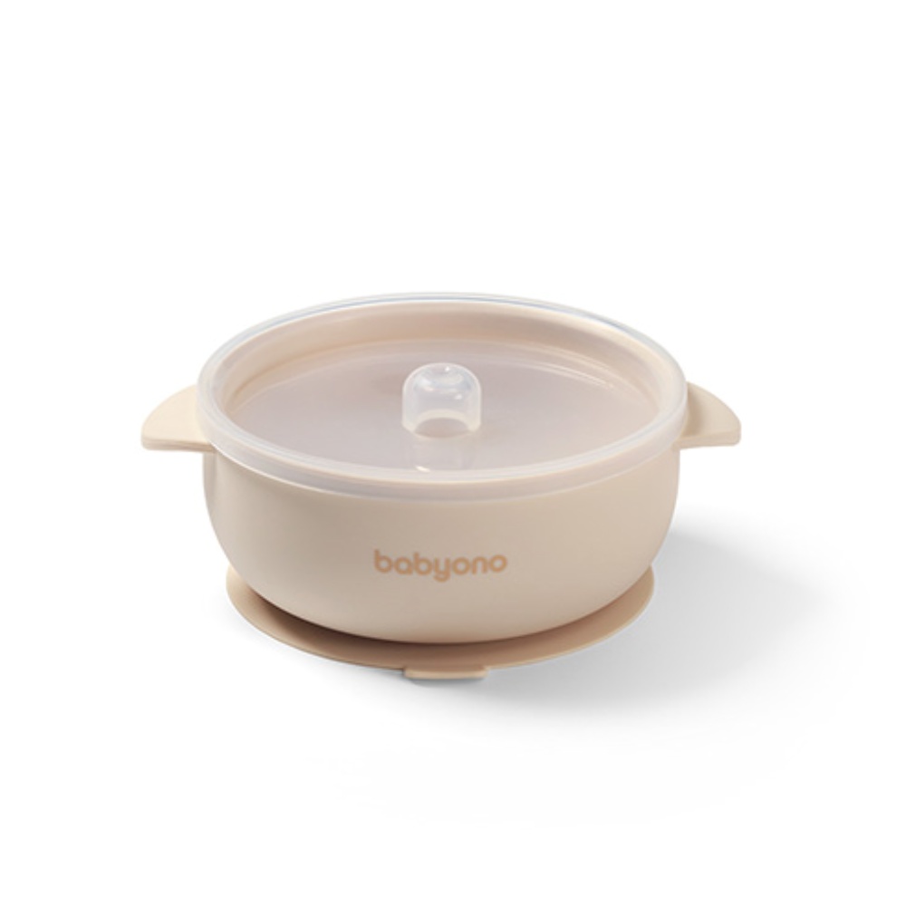 Silikónová miska s prísavkou a viečkom - béžová