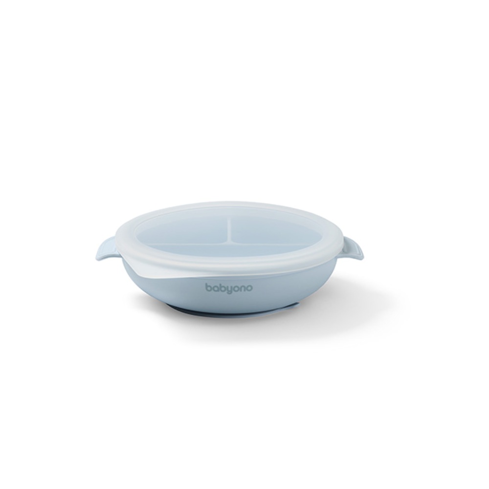 Silikónová miska s prísavkou a viečkom - modrý