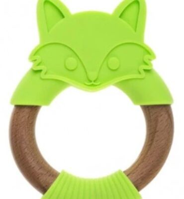 Silikónové drevené hryzátko Líška (zelené)