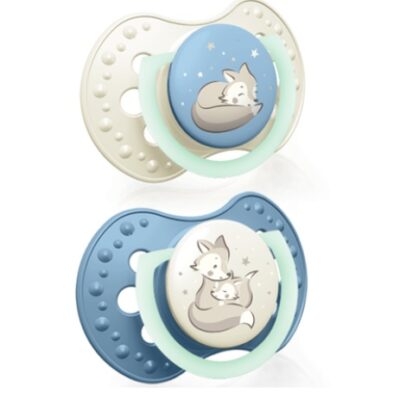 Silikónový cumlík 3-6m Night & Day 2 ks, Lovi, modré, Líška